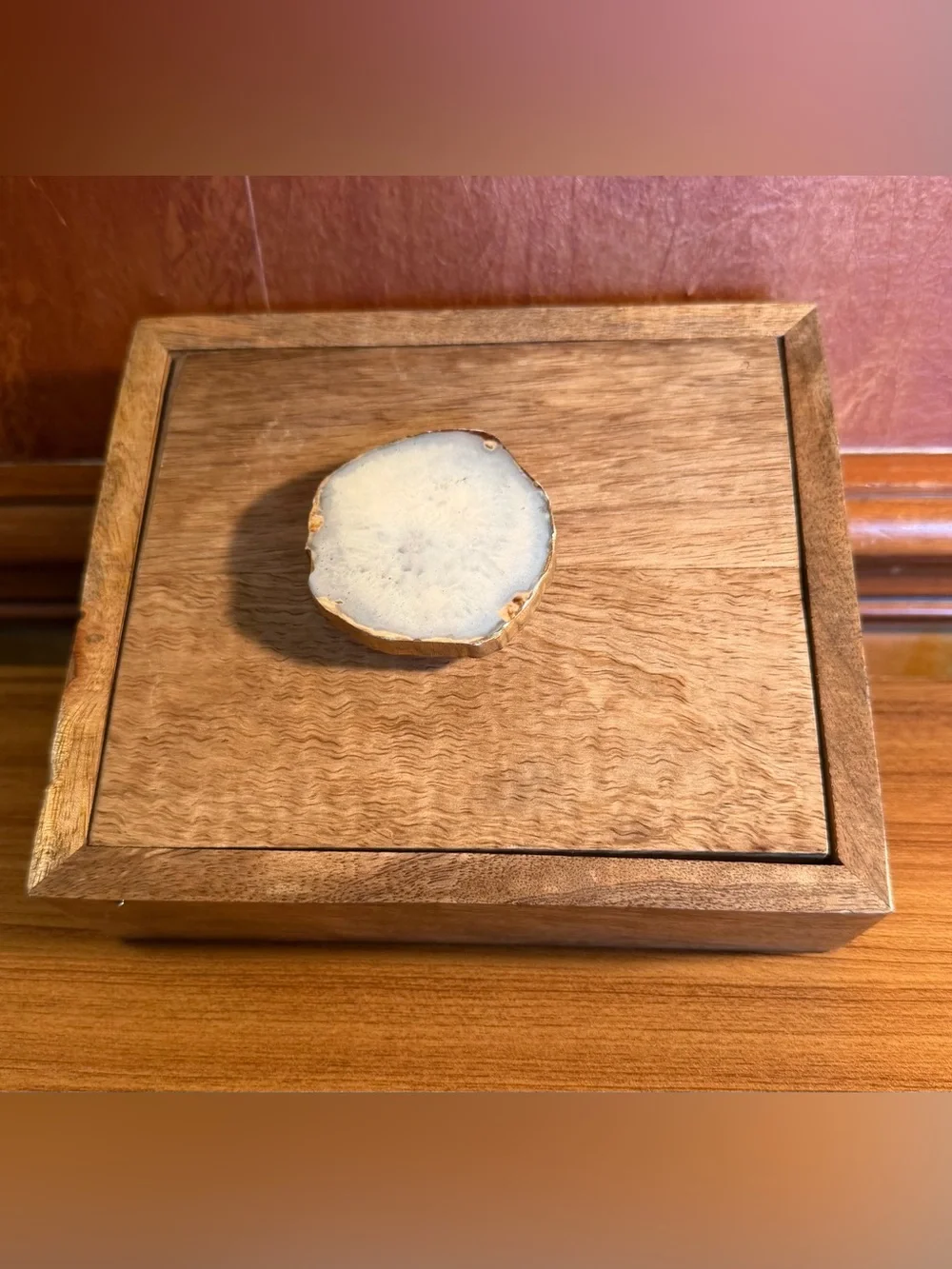Pier 1 Decorative Wood Box Agate Slice Knob Jewelry Trinket Box Made in India